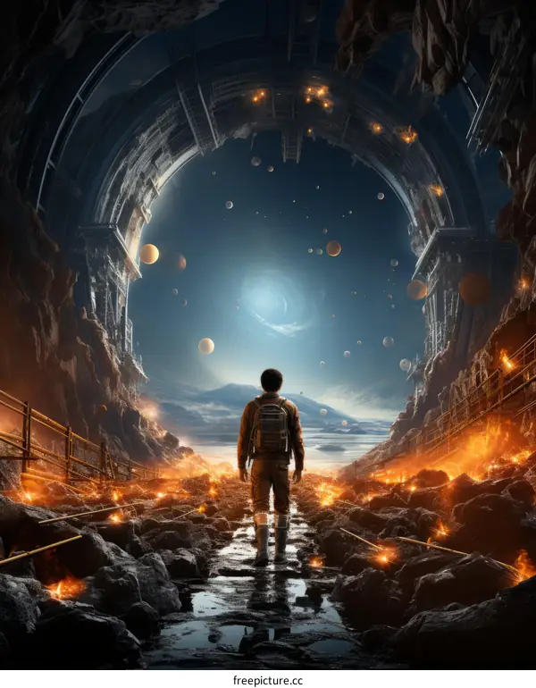 A lone figure stands in a vast alien landscape