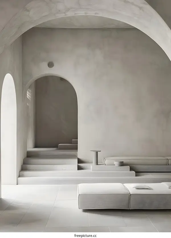 Minimalist Interior Design with Arched Windows and Concrete Steps