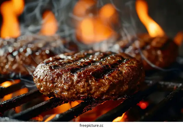 Beef patty on a flaming grill with smoke in the background