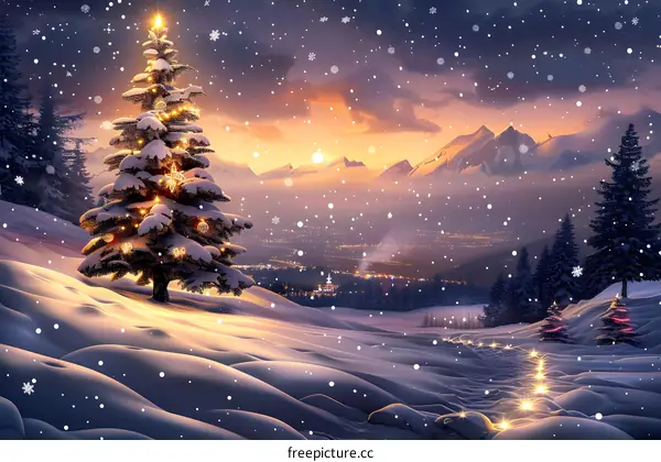 Christmas Tree in Snowy Village