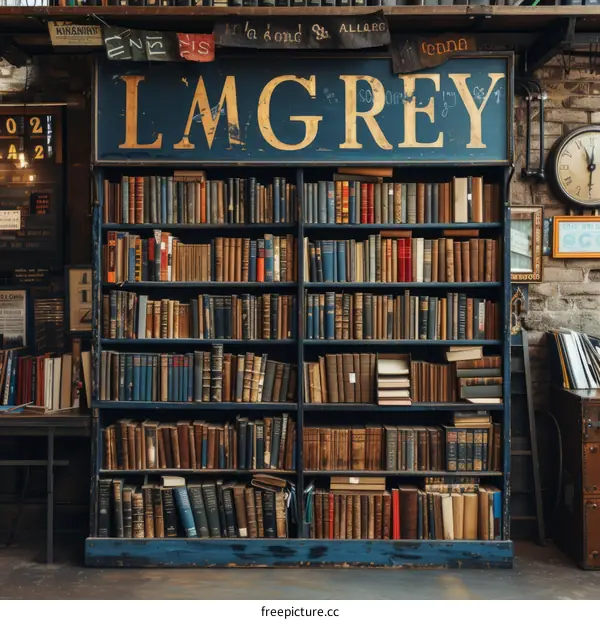 Blue wooden bookshelf filled with various old books in a vintage library