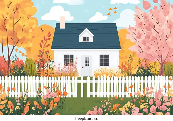 Autumn Cottage with White Fence and Flowers