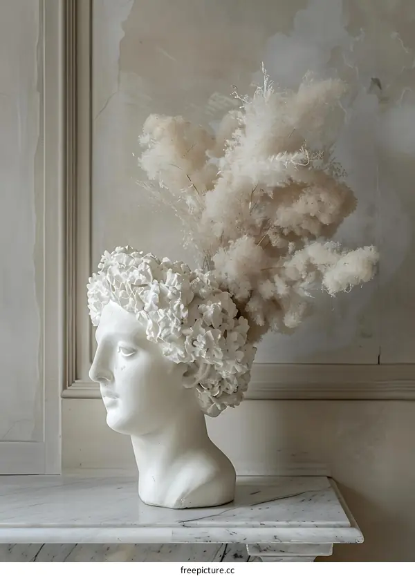 White Marble Bust with Dried Pampas Grass