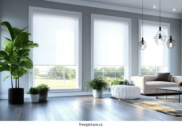 Modern Living Room with Large Windows and Blinds