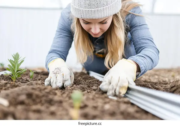 Woman Planting Seeds in Greenhouse Garden