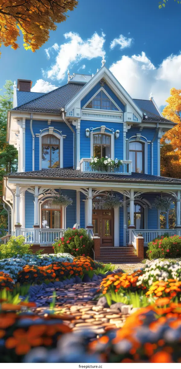 Beautiful Blue House with Autumn Garden Illustration