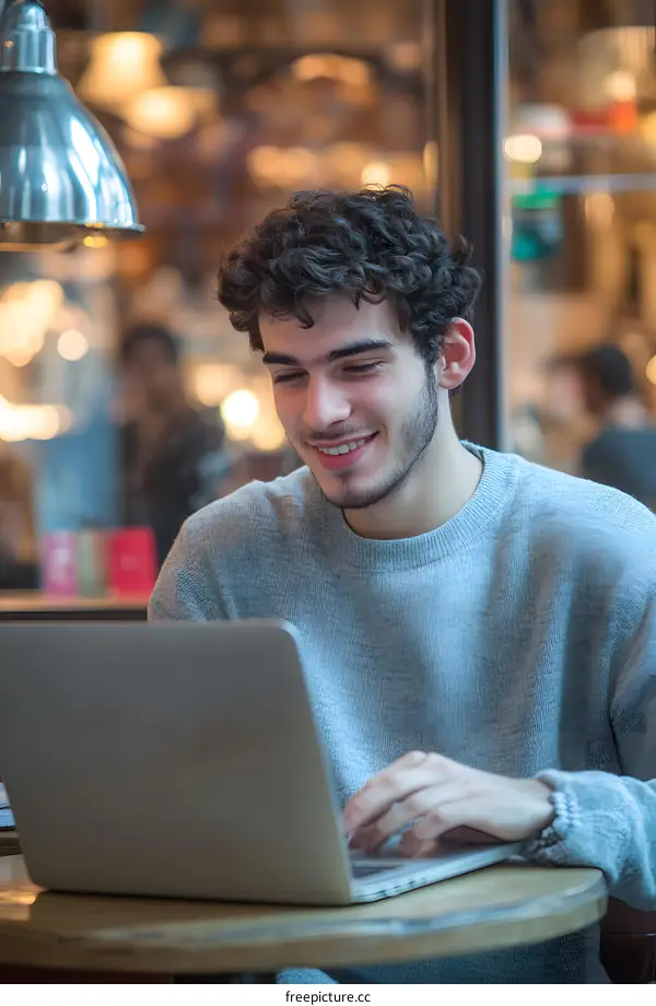Smiling Man Using Laptop In Cafe