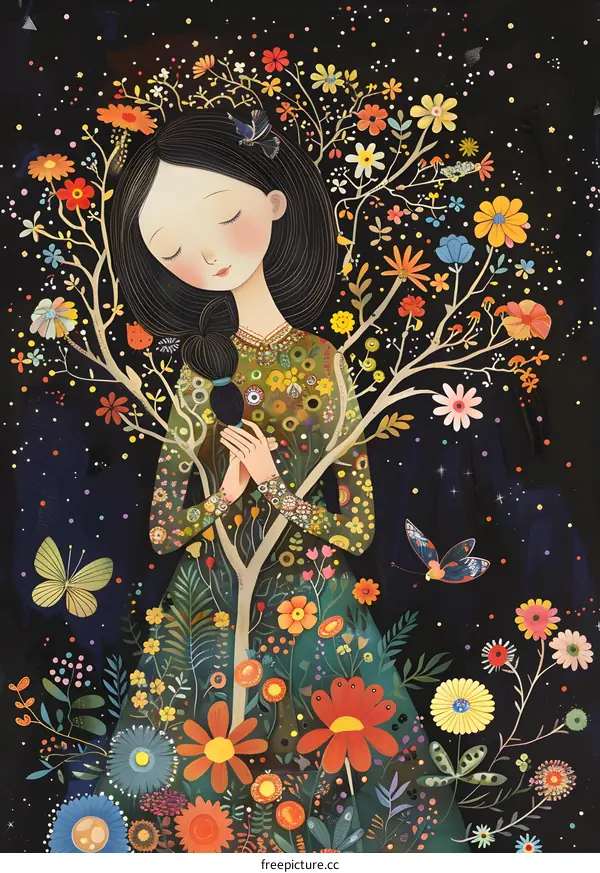 Girl with Tree and Flowers in Her Hair