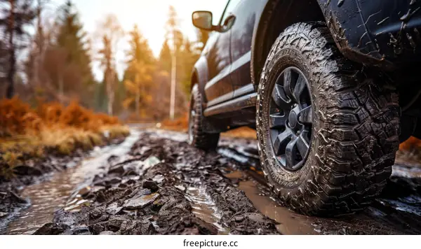 Black pickup truck driving through muddy forest road
