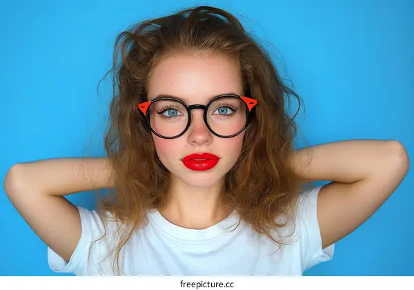 Stylish Woman with Trendy Glasses Against a Blue Background