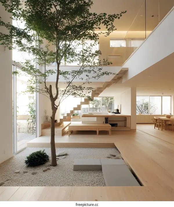 Modern Minimalist Home Interior Design With Tree In The Middle