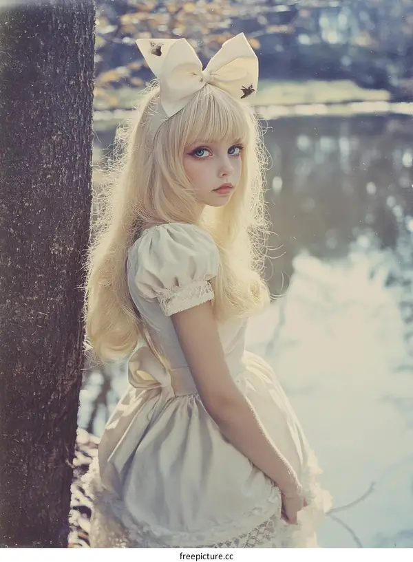 Beautiful Girl in a Vintage Style Dress near a Tree