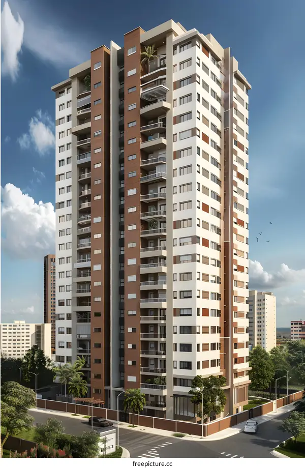 Modern Apartment Building with Brick Facade and Balconies