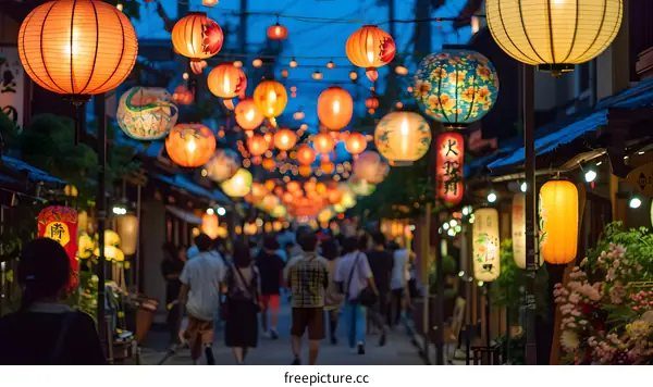 People walking under colorful lanterns at a festival in Japan