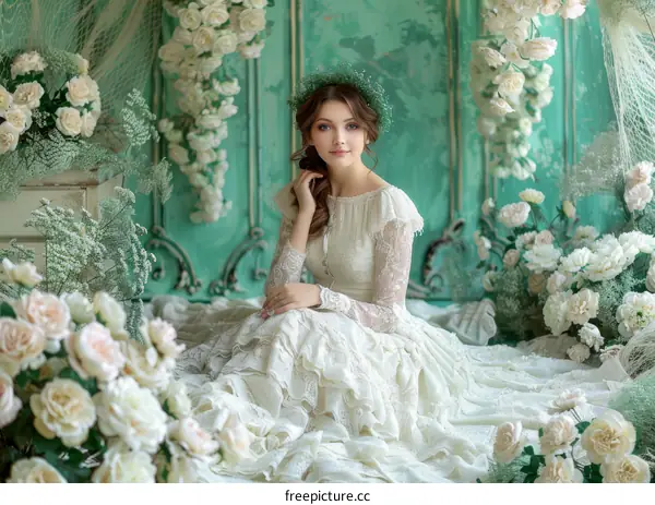 A young woman in a white dress is sitting on a bed of flowers.
