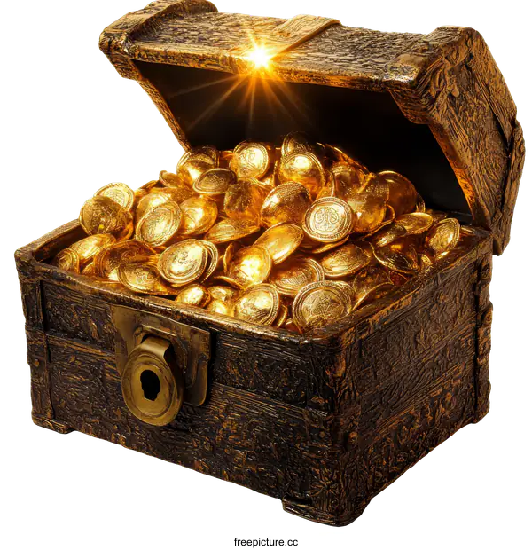 [Transparent Background PNG]Antique Treasure Chest Filled with Gold Coins