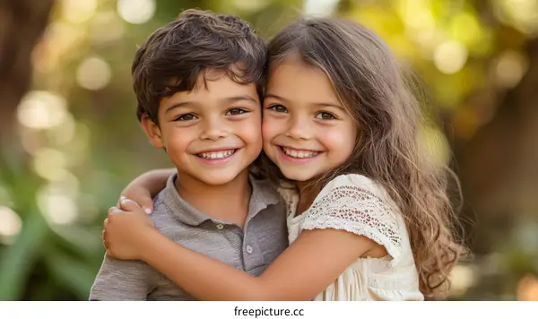 Two Children Hugging in Park