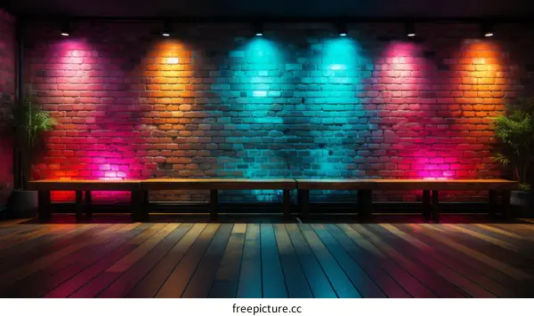 Brick wall with colorful spotlights and wooden benches in front of it