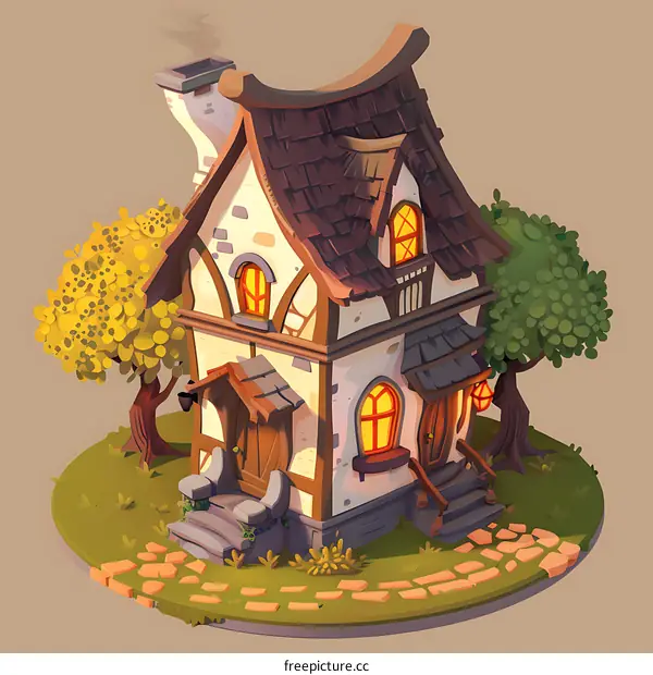 Stone Cottage Illustration With Trees