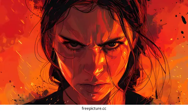 Portrait of a determined young woman with red hair and brown eyes, looking at the viewer with a serious expression.