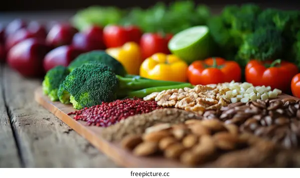 A variety of fresh vegetables and nuts on a wooden table