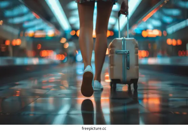 A woman in a summer dress walking through an airport with her suitcase