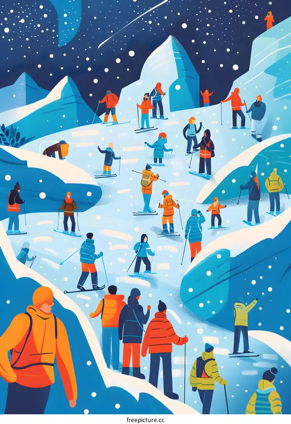 Winter Landscape Illustration of People Skiing on Mountain