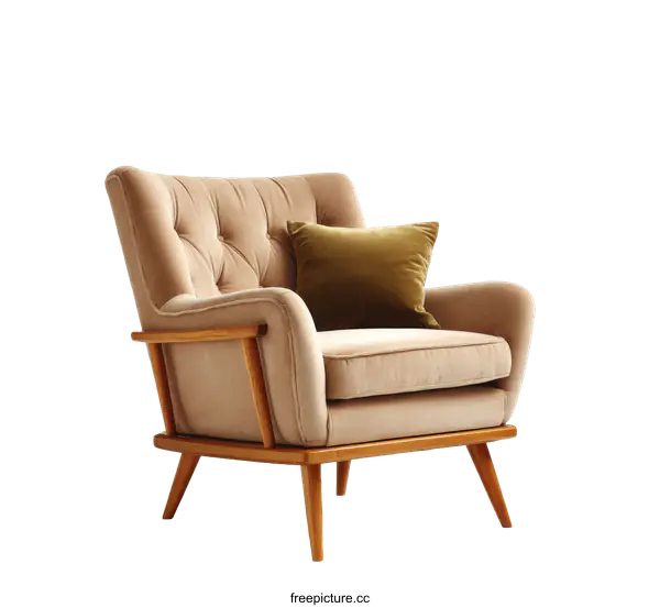 [Transparent Background PNG]Beige Velvet Mid-Century Armchair with Olive Green Pillow