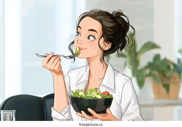 Woman Enjoying a Healthy Salad Illustration