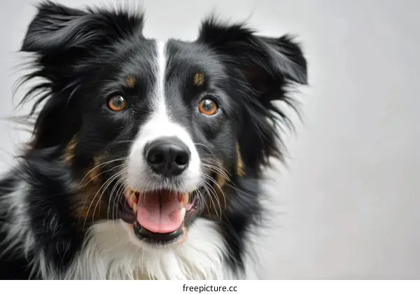 A smiling Border Collie dog with black and white fur
