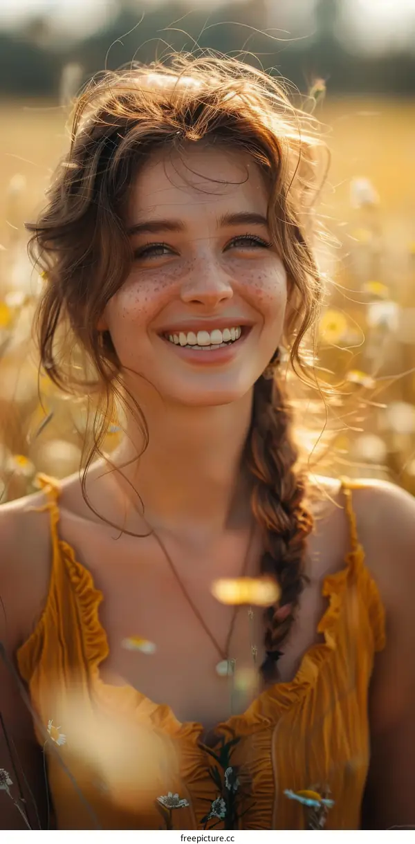 Smiling Woman in a Field of Flowers