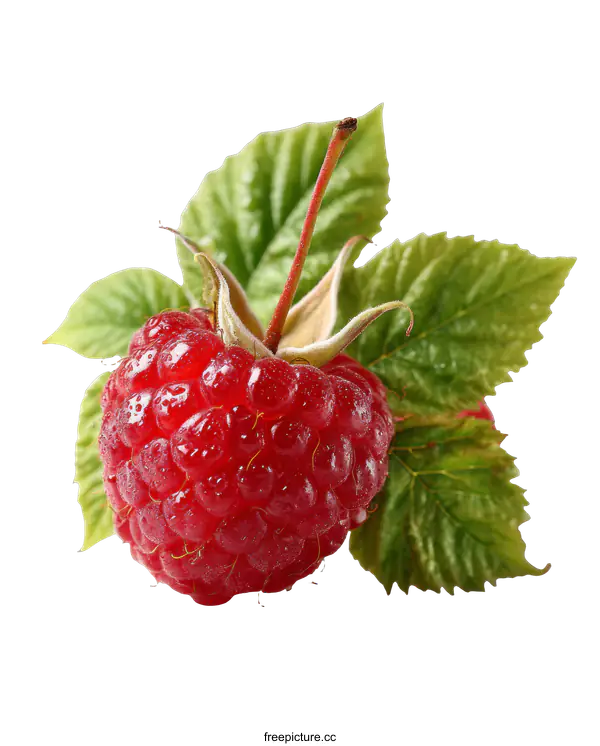 [Transparent Background PNG]Close Up of a Fresh Raspberry with Leaves