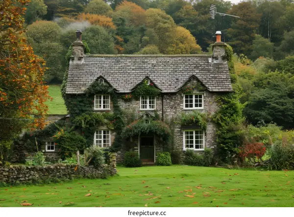 Stone cottage in the countryside with a garden full of autumn leaves