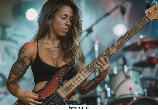 Portrait of a Female Musician Playing Bass Guitar on Stage