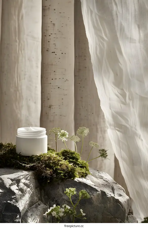 Natural Skincare Product on a Rock with Moss and Flowers