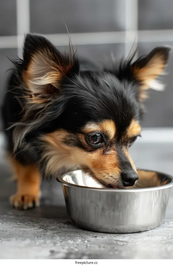Cute Long-Haired Chihuahua Eating from a Silver Bowl