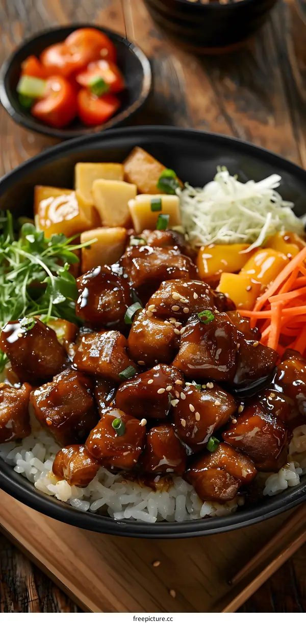 A delicious bowl of Japanese food with chicken, vegetables, and rice