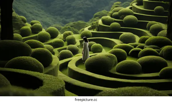 A lady standing in a verdant garden maze