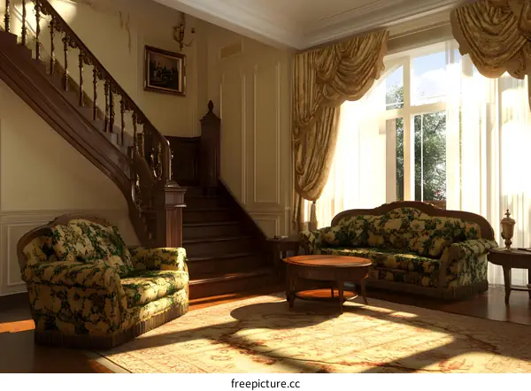 Luxury Living Room with  Staircase and  Sunlight Through Window