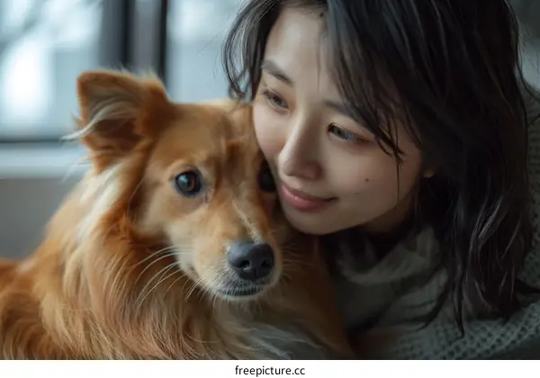 A young woman is sitting on a couch with her dog.