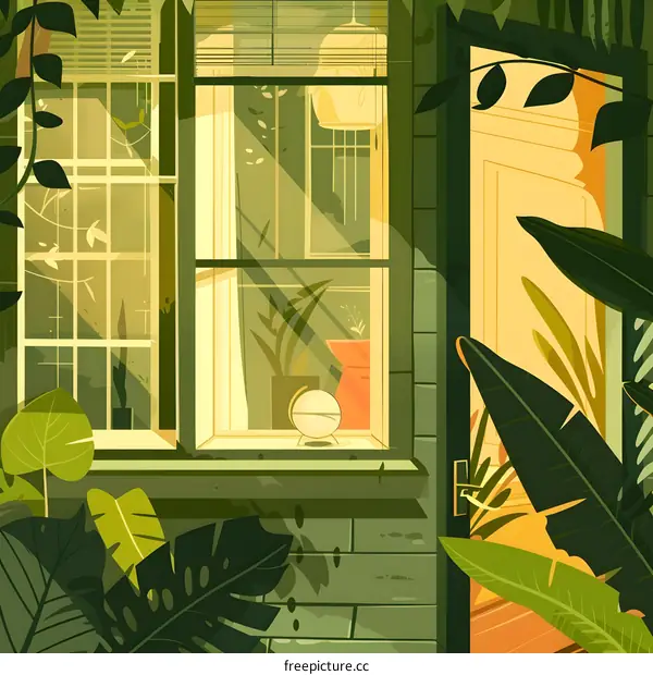 Sunlight Streaming Through Window and Door of a Green House