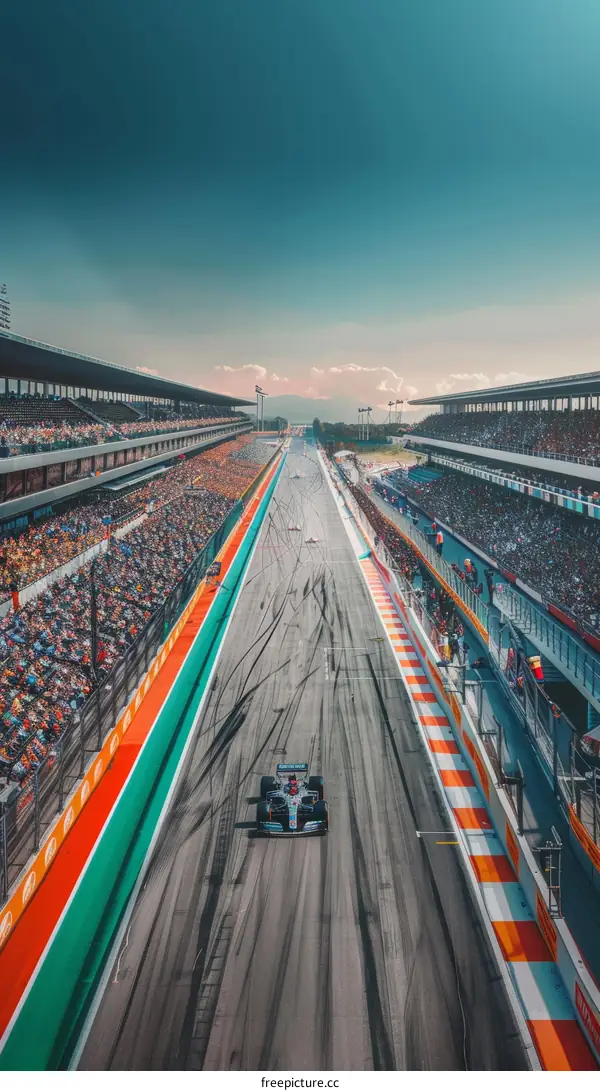 Formula One race car on a track with a large crowd in the stands