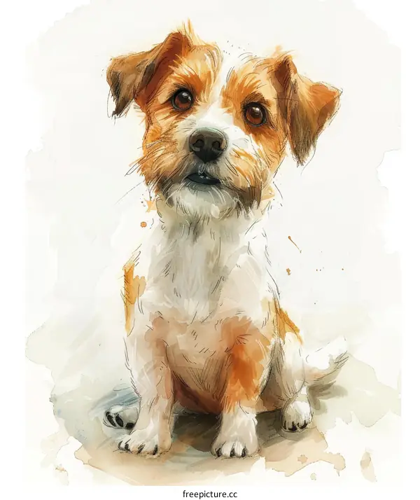 A cute watercolor painting of a brown and white dog