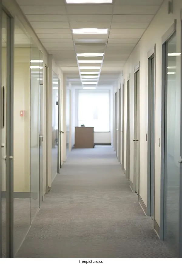 Empty Office Hallway with Glass Doors and Grey Carpet