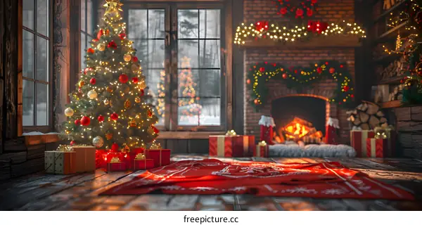 Christmas tree by the fireplace