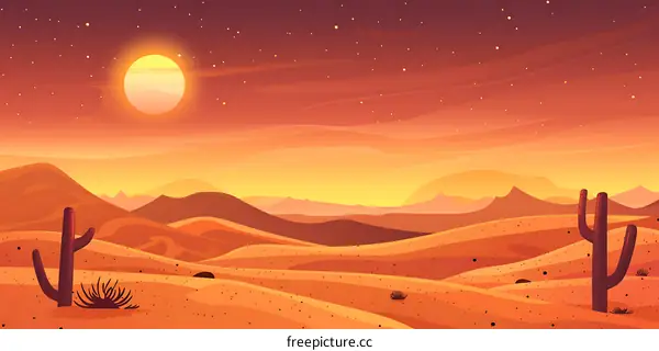 Desert Landscape With Cactus At Sunset
