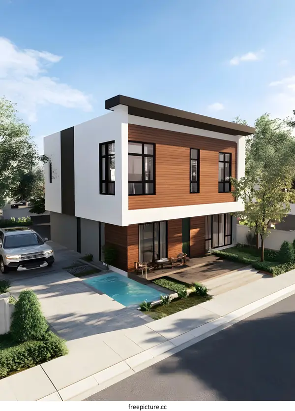 Modern House with Pool and Wooden Facade