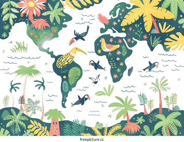 Illustrated World Map with Tropical Plants and Animals
