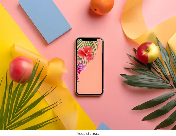 Summer Tropical Phone Mockup with Flowers and Fruits