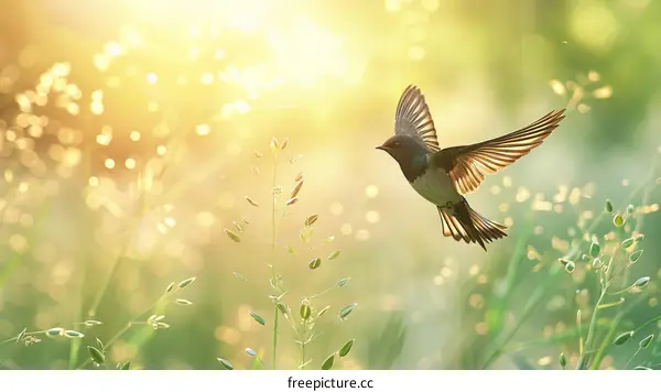 A bird flies over a field of grass with the sun shining brightly in the background